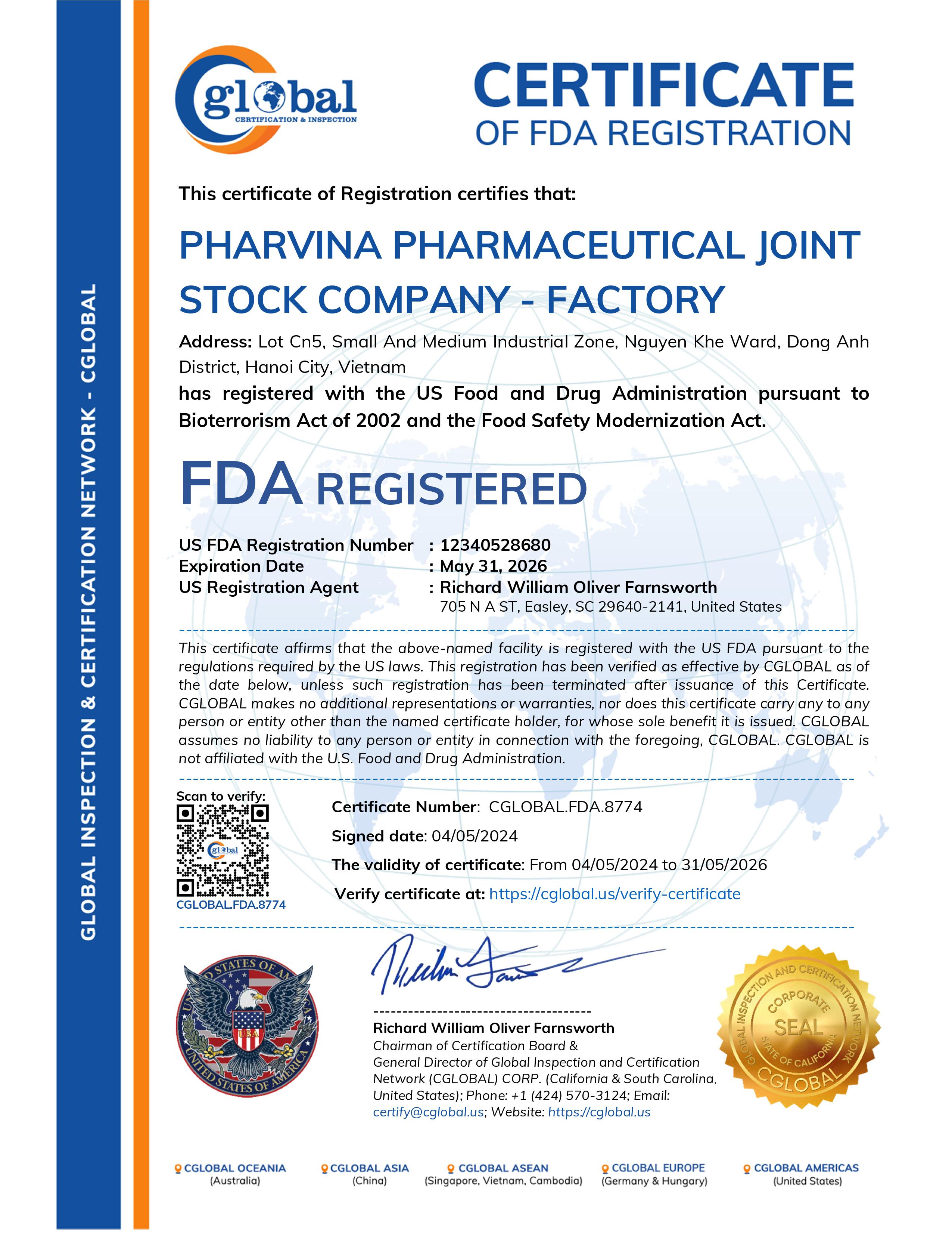 FDA CERTIFICATE - PHARVINA 2024
